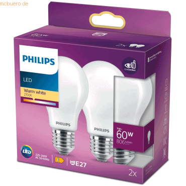 Signify Philips LED classic Lampe 60W E27 Warmweiß 806lm weiß 2er P Signify Philips LED classic Lampe 60W E27 Warmweiß 806lm weiß 2er P von Signify