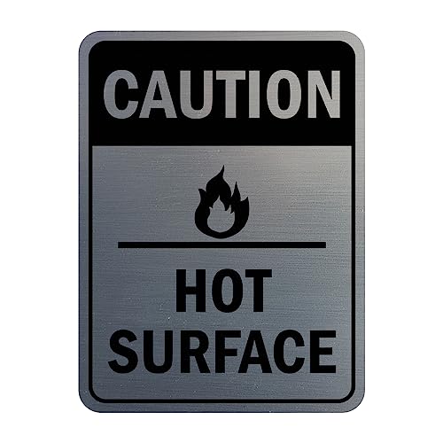 Signs ByLITA Rundes Hochformat "Caution Hot Surface"-Schild (gebürstetes Silber), klein von Signs ByLITA