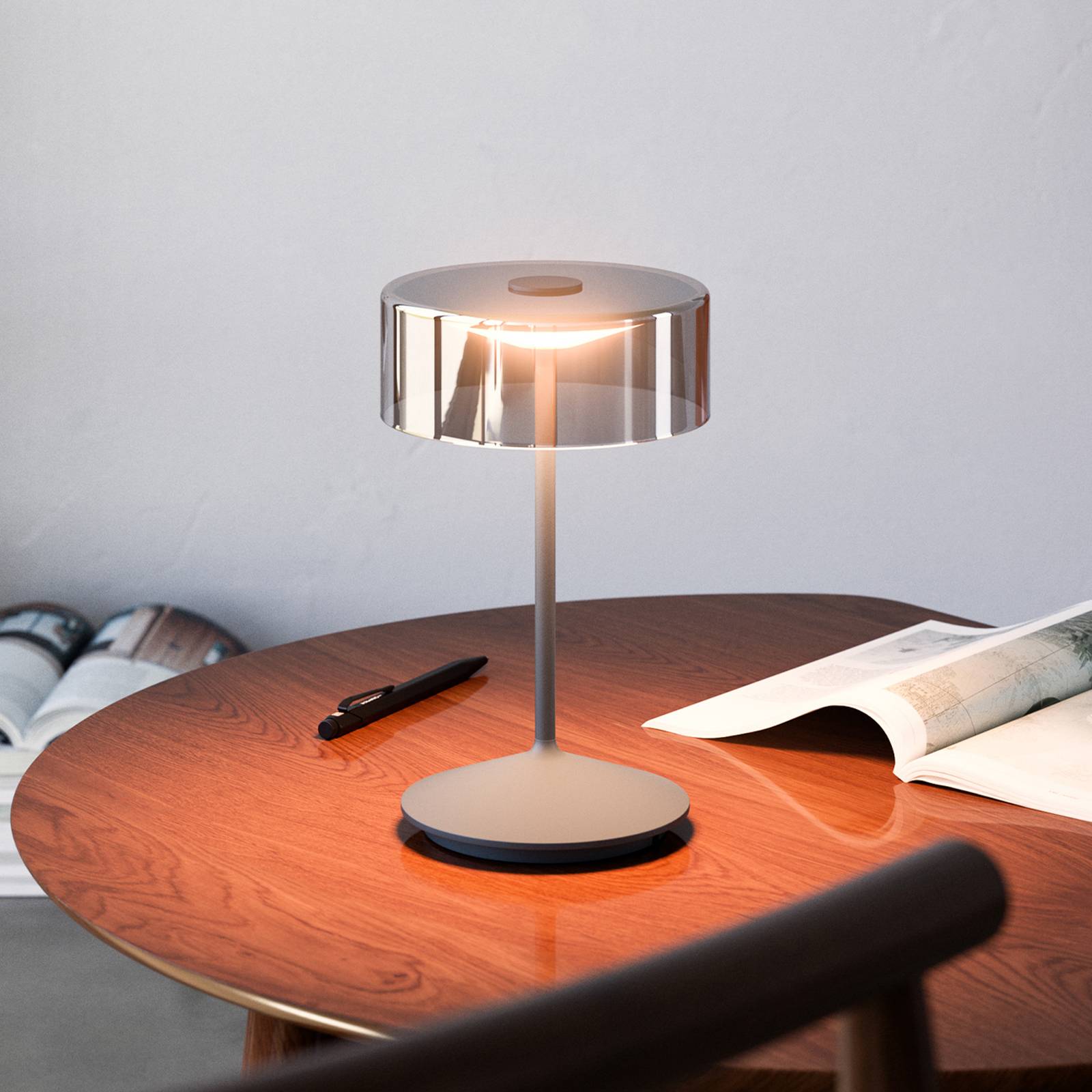 LED-Akkutischleuchte Numotion, graphit, Glas, IP54, dimmbar LED-Akkutischleuchte Numotion, graphit, Glas, IP54, dimmbar von Sigor