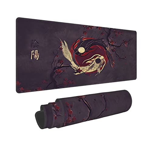 Japanische Kunst Yin und Yang Koi Karpfen Fisch rot und schwarz Gaming Tastatur Mauspad Mousepad riesige erweiterte XL genähte Kante Gummisohle für Home Office (80 x 30 cm) von Sigouyinei