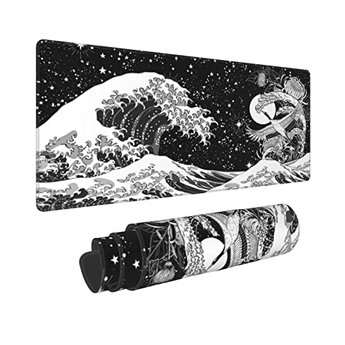 Japanisches Kanagawa Ocean Waves Crane Stars Gaming Tastatur Mauspad Mauspad Riesiges Extended XL Gummisohle für Zuhause Büro (80 x 30 cm) Schwarz und Weiß von Sigouyinei