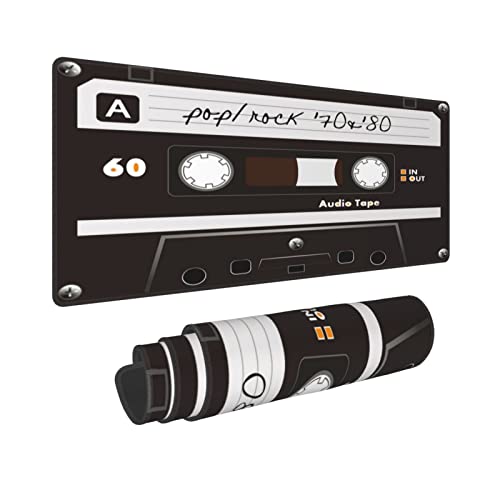 Schwarze Retro-Musikkassette, DJ-Audio-Kassette, Plattenspieler, Gaming-Tastatur, Mauspad, riesige, verlängerte XL-genähte Kanten, Gummisohle für Zuhause Office (80 x 30 cm) von Sigouyinei