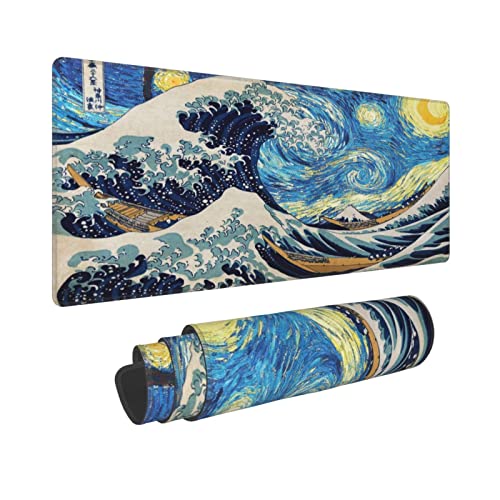 Van Gogh Sternennacht Kunst Kanagawa Great Waves Dark Gaming Keyboard Mauspad Mauspad Zubehör Riesige XL-genähte Kante Gummisohle für Home Office (80 x 30 cm) von Sigouyinei