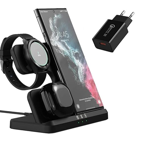 Kabelloses Ladestation Kompatibel mit Samsung Galaxy Watch 5 Pro/5/4/3/Active 2/1, 3 in 1 Ladegerät für Samsung Galaxy S22/S21/S20 Ultra/Galaxy Buds mit QC3.0 Adatper - Black von Sikai