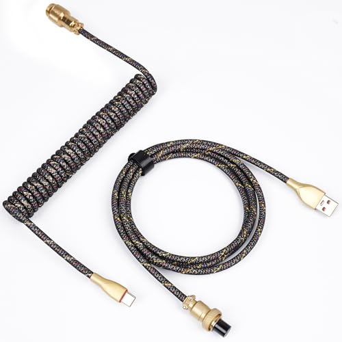 Sikai Coiled Cable USB C für Gaming Tastatur,Spiralkabel Tastatur,Spiral Zweiteilig einziehbar Curly Kabel Abnehmbarem Vergoldetes Luftfahrtstecker,Geflochtenes Kabel für Tastatur (Schwarzes Gold) von Sikai