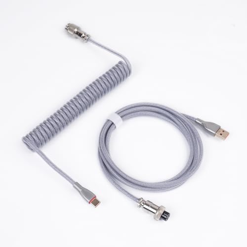 Sikai Coiled Cable USB C für Gaming Tastatur,Spiralkabel Tastatur,Spiral Zweiteilig einziehbar Curly Kabel Abnehmbarem Vergoldetes Luftfahrtstecker,Geflochtenes Kabel für Tastatur (Silber Grau) von Sikai