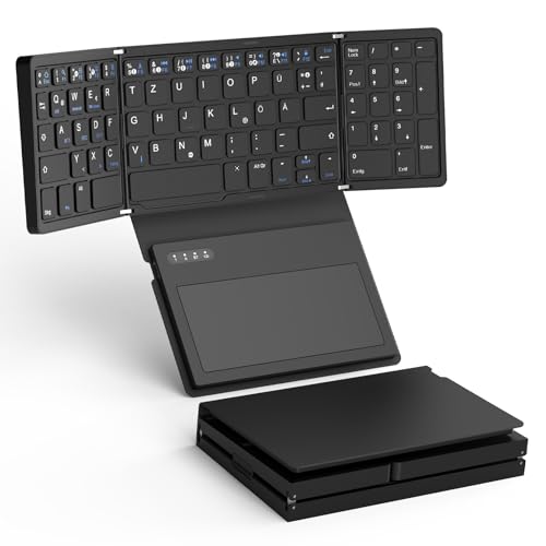 Sikai Faltbare Tastatur mit Touchpad - QWERTZ-Layout - Vierfach Klapptastatur mit Bluetooth 5.1 140mAh für Handy Tablet PC kompatibel mit iOS/macOS/Android/Windows von Sikai