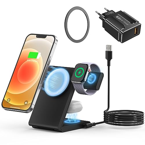 Sikai Neu 3 in1 Faltbar Induktive ladestation für iPhone,Magnetisches Kabelloses Ladegerät für iwatch Kompatibel mit iPhone 14 13 12 11 Pro Ma,iWatch 1-8 Series,AirPods Pro/2/3 mit Adapter(Schwarz) von Sikai