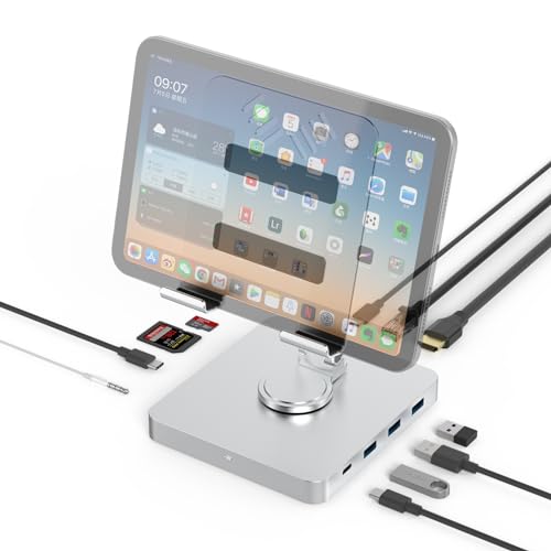 Sikai Tragbarer 11 in 1 USB C Hub für iPad Pro mit Drehbar Klappbar Ständer, Docking Station mit HDMI 4K@60Hz, 1000M LAN RJ45, USB C 3.0, 3,5mm Headset Anschluss, Micro SD/SD Kartensteckplätze von Sikai