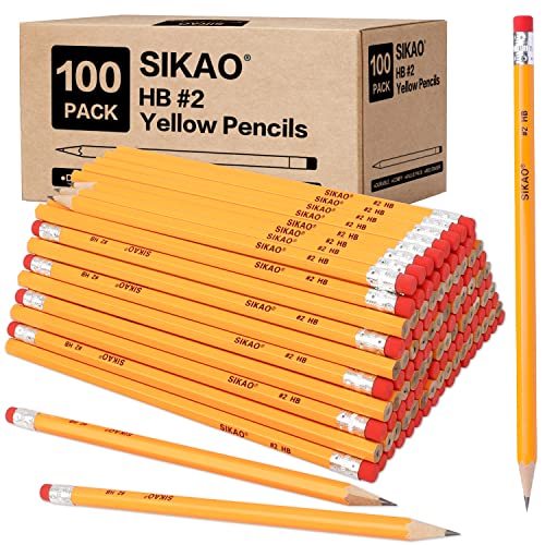 Sikao Vorgespitzte Bleistifte, Großpackung, 100 Stück, 2 HB, gelber Graphit-Bleistift mit Radiergummis, Büro, Schule, Klassenzimmer, Zubehör für Kinder, Lehrer, Studenten, Zeichnen, Skizzieren von Sikao