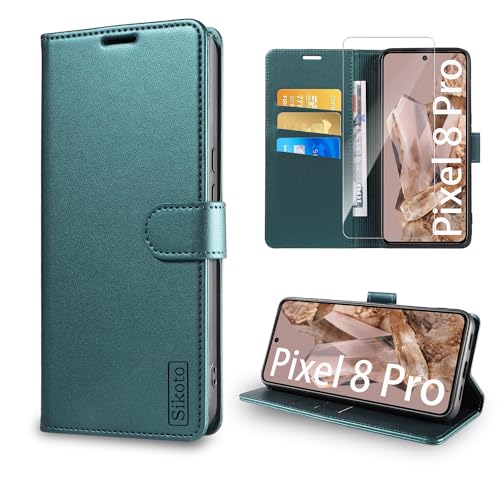 Sikoto Handyhülle für Google Pixel 8 Pro Hülle [Mit Pixel 8 Pro Schutzfolie] Premium Leder Brieftasche Kartenfach Ständer Magnet Flip Stoßfeste Schutzhülle Google Pixel 8 Pro Klapphülle - Grün von Sikoto