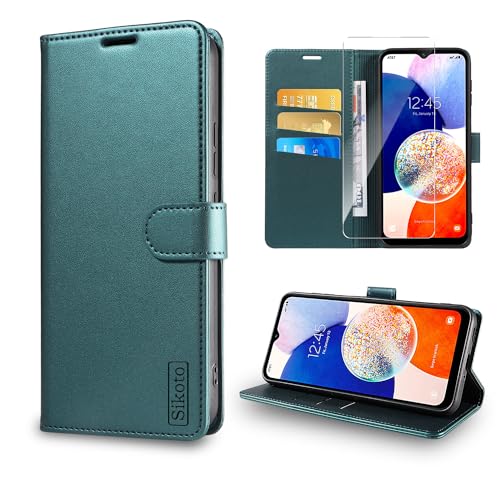 Sikoto Handyhülle für Samsung Galaxy A14 5G Hülle [Mit A14 Schutzfolie] Premium Leder Brieftasche Kartenfach Ständer Magnet Flip Stoßfeste Schutzhülle Samsung A14 5G/4G Klapphülle - Grün von Sikoto