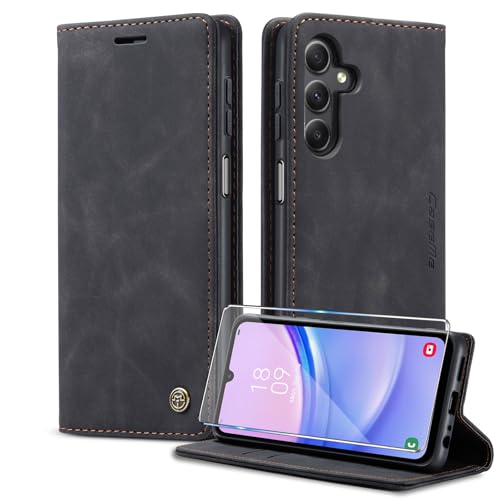 Sikoto Handyhülle für Samsung Galaxy A15 4G/5G Hülle mit Schutzfolie, [Premium PU Leder] Klappbar Ständer Kartenfach Magnetic Flip Case Cover Tasche Etui Schutzhülle für Galaxy A15 4G/5G - Schwarz von Sikoto