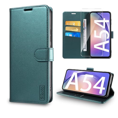 Sikoto Handyhülle für Samsung Galaxy A54 5G Hülle [Mit A54 Schutzfolie] Premium Leder Brieftasche Kartenfach Ständer Magnet Flip Stoßfeste Schutzhülle Samsung A54 5G Klapphülle - Grün von Sikoto