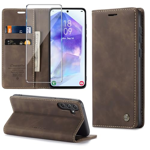 Sikoto Handyhülle für Samsung Galaxy A55 5G Hülle mit Schutzfolie, [Premium PU Leder] Klappbar Ständer Kartenfach Magnetic Flip Case Cover Tasche Etui Schutzhülle für Galaxy A55 5G - Braun von Sikoto