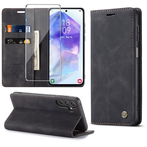 Sikoto Handyhülle für Samsung Galaxy A55 5G Hülle mit Schutzfolie, [Premium PU Leder] Klappbar Ständer Kartenfach Magnetic Flip Case Cover Tasche Etui Schutzhülle für Galaxy A55 5G - Schwarz von Sikoto