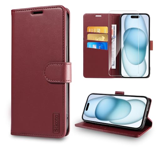 Sikoto Handyhülle für iPhone 15 Hülle [Mit iPhone 15 Schutzfolie] Premium Leder Brieftasche Kartenfach Ständer Magnet Flip Stoßfeste Schutzhülle iPhone 15 Klapphülle - Rot von Sikoto