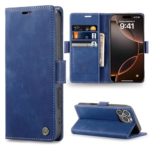 Sikoto Handyhülle für iPhone 16 Pro Hülle Premium Leder Flip Klapphülle Brieftasche Kartenfach Standfunktion Magnetische Schutzhülle Tasche für iPhone 16 Pro - Blau von Sikoto