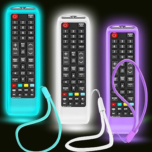 Schutzhülle für Samsung TV-Fernbedienung, Abdeckung für Samsung-Fernbedienung für Smart TV, Universal-Ersatz-Silikon-Hülle mit Umhängeband, leuchtet im Dunkeln, Lila, Blau, Weiß, 3 Stück Schutzhülle für Samsung TV-Fernbedienung, Abdeckung für Samsung-Fernbedienung für Smart TV, Universal-Ersatz-Silikon-Hülle mit Umhängeband, leuchtet im Dunkeln, Lila, Blau, Weiß, 3 Stück von Silicloak