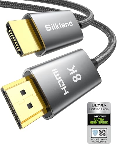 Silkland 8K HDMI 2.1 Kabel, HDMI eARC-Kabel für Soundbar 48Gbps, PS5 HDMI Kabel 4K@120Hz, 2K@240Hz/144Hz, 8K@60Hz, Dynamic HDR, Dolby Atmos, HDCP 2.2/2.3 für Fire TV, HDTV, Xbox Series X/S, 1m von Silkland