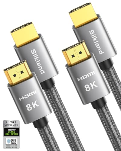 Silkland 8K HDMI 2.1 Kabel 2m, 2Pack Zertifiziertes HDMI®Kabel 4K@144Hz/120Hz 8K@60Hz, eARC, HDR10, Dolby Atmos, 48Gbps, HDCP2.3 für HDTV/Soundbar/PS5/Blu-ray/Switch/Beamer/Laptop/Display/TV Box/PC von Silkland