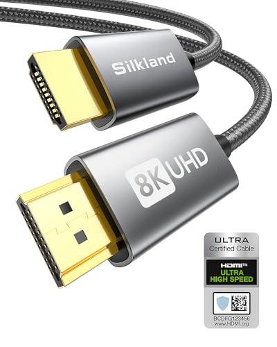 Silkland 8K HDMI 2.1 Kabel 3m, HDMI eARC-Kabel für Soundbar 48Gbps, PS5 HDMI Kabel 4K@120Hz, 2K@240Hz/144Hz, 8K@60Hz, Dynamic HDR, Dolby Atmos, HDCP 2.2/2.3 für Fire TV, HDTV, Xbox Series X/S von Silkland