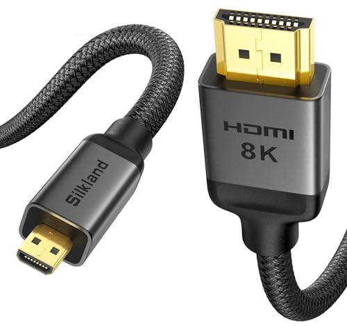 Silkland Micro HDMI auf HDMI 2.1 Kabel 1M, 8K@60Hz, Micro HDMI Unterstützt Ethernet, 3D, HDR und eARC, Micro HDMI to HDMI Kompatibel mit GoPro Hero 9/8/7/6/5, Raspberry Pi 5/4, Sony Kamera A6300 A6400 von Silkland