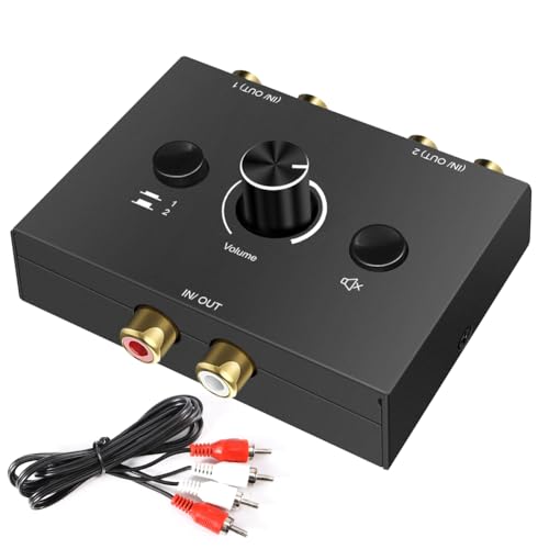 Optisch auf RCA Cinch Stereo Audio Switch 2(1)-In-1(2)-Out, Analog Stereo Audio Switcher mit Volume Control und RCA Kabel, Bidirektional Aux Selector Schalter Splitter Box für Computer/CD Player von Silkwish