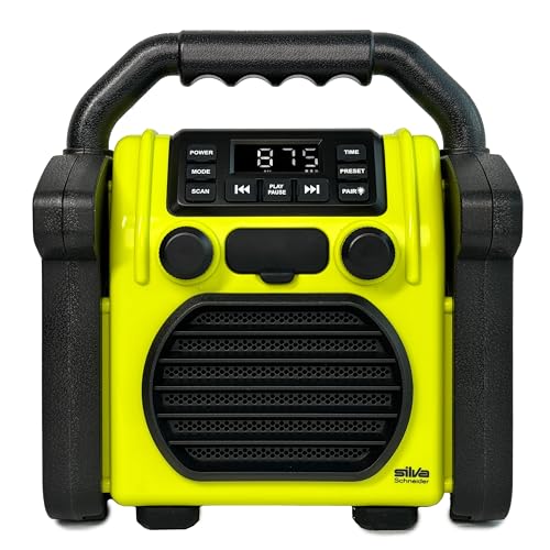 BR 230 BT, Baustellenradio Bluetooth - Neongelb/Offwhite - Silva Schneider - Digitales PPL Radio, 100 Watt, IP55 Staub- & Wasserdicht, 4000 mAh Akku, USB-Ladefunktion, Taschenlampe & Alarm von Silva Schneider