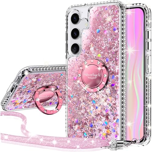 Silverback Kompatibel für Samsung S23 FE Hülle mit Band Mädchen Glitzer Handykette Handyhülle 360 Grad Ring Cover Silikon Flüssigkeit Clear Schutzhülle für Samsung Galaxy S23 FE 5G - Rosa von Silverback