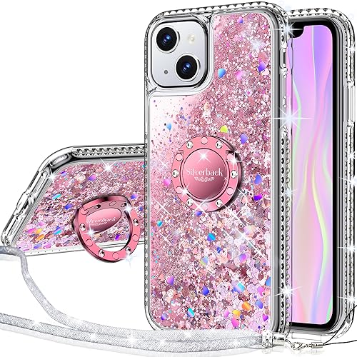 Silverback Kompatibel für iPhone 15 Hülle mit Band Mädchen Glitzer Handykette Handyhülle 360 Grad Ring Cover Silikon Flüssigkeit Clear Schutzhülle für iPhone 15 -Rosa von Silverback