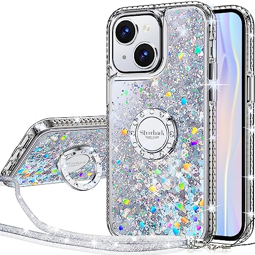 Silverback Kompatibel für iPhone 15 Hülle mit Band Mädchen Glitzer Handykette Handyhülle 360 Grad Ring Cover Silikon Flüssigkeit Clear Schutzhülle für iPhone 15 -Splitter von Silverback