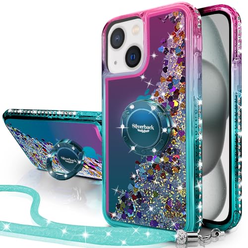 Silverback Kompatibel für iPhone 15 Plus Hülle mit Band Mädchen Glitzer Handykette Handyhülle 360 Grad Ring Cover Silikon Flüssigkeit Clear Schutzhülle für iPhone 15 Plus -Grün von Silverback