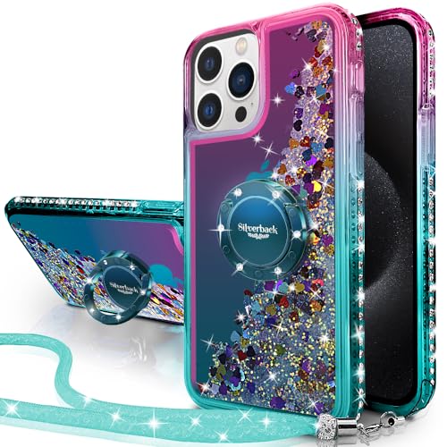 Silverback Kompatibel für iPhone 15 Pro Hülle mit Band Mädchen Glitzer Handykette Handyhülle 360 Grad Ring Cover Silikon Flüssigkeit Clear Schutzhülle für iPhone 15 Pro -Grün von Silverback