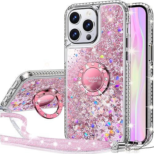 Silverback Kompatibel für iPhone 15 Pro Max Hülle mit Band Mädchen Glitzer Handykette Handyhülle 360 Grad Ring Cover Silikon Flüssigkeit Clear Schutzhülle für iPhone 15 Pro Max -Rosa von Silverback