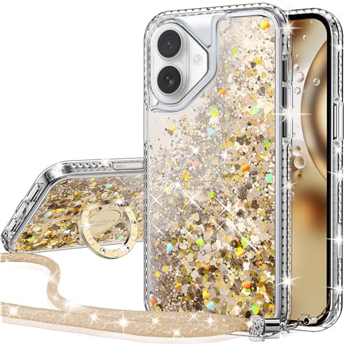 Silverback für iPhone 16 Plus Hülle mit Band, Mädchen Glitzer Handykette Handyhülle 360 Grad Ring Cover Flüssigkeit Clear Schutzhülle für iPhone 16 Plus Case- Gold Silverback für iPhone 16 Plus Hülle mit Band, Mädchen Glitzer Handykette Handyhülle 360 Grad Ring Cover Flüssigkeit Clear Schutzhülle für iPhone 16 Plus Case- Gold von Silverback