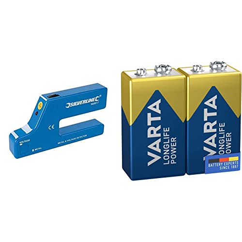Silverline 568917 Metall- und Leitungsdetektor 1 Stck. 9-V-Batterie (PP3) & VARTA Batterien 9V Blockbatterie, 2 Stück, Longlife Power, Alkaline, für Rauchmelder, Brand- & Feuermelder, Mikrofon von Silverline