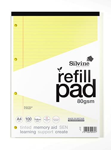 Silvine Nachfüllblock, DIN A4 SEN, getöntes Papier, Gelb, liniert mit Rand, 100 Seiten von Silvine