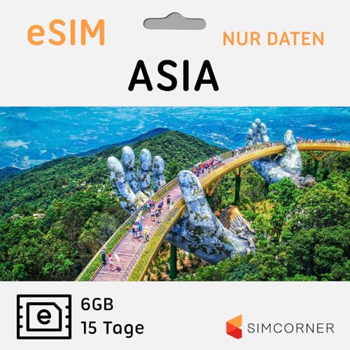 Asia Travel eSim-Karte – 6 GB Daten, 15 Tage, 28 asiatische Länder. Kein Tageslimit. Einfache Aktivierung. E-SIM-Karte für Internationale Reisen. Nur für eSim-kompatible Mobiltelefone, iPads, Tablets von SimCorner