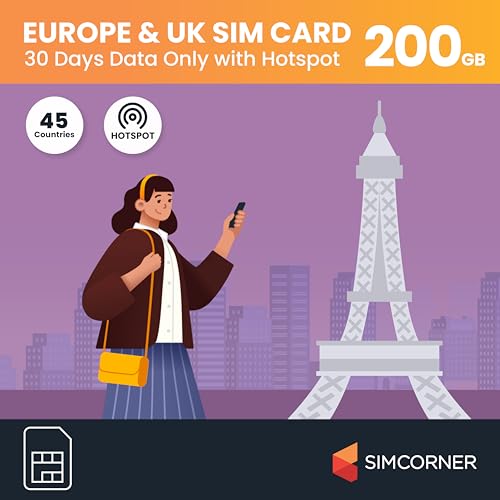 Prepaid-SIM-Karte für Europa und Großbritannien, 200 GB, 30 Tage, kein Tageslimit, Verwendung in 50 Ländern, einfache Aktivierung der SIM-Karte, 3-in-1-Größe, passend für Mobiltelefone, iPads, Tablets von SimCorner