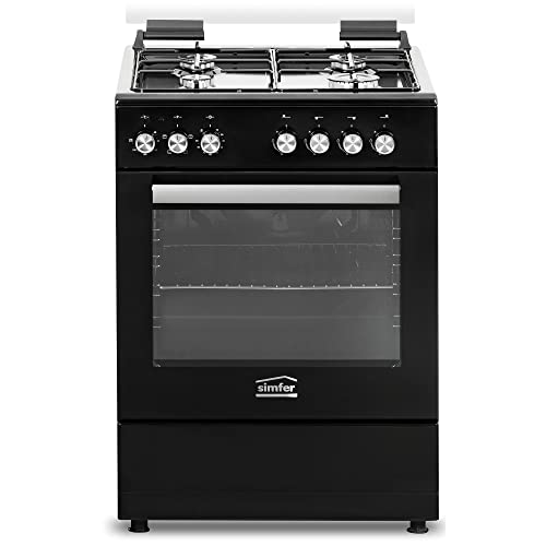 Simfer FS 6031-1 Schwarz, 60 cm Standherd, Gaskochfeld mit Elektro-Backofen, 66 Liter Garraum, Grillfunktion, Seitengitter, Mechanischer Timer, Elektrische Taktfunkenzündung von Simfer