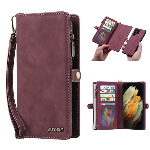 Simicoo Samsung S23 Wallet case, Samsung S23 Flip Leather case Card Slots Holder Zipper Purse Detachable Magnetic Cover Hand Strap Cash Pocket Pouch Wallet for Woman Man (Rot) von Simicoo