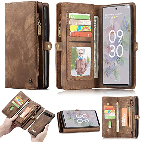 Simicoo Schutzhülle für Samsung Galaxy S25 Edge, Leder, abnehmbare Brieftasche, Reißverschluss, mit 11 Kartenfächern, magnetisch, mit Griff, Handschlaufe, Tasche, Handtasche (Braun) von Simicoo