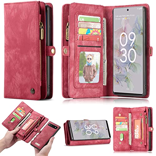 Simicoo Schutzhülle für Samsung Galaxy S25 Edge, Leder, abnehmbare Brieftasche, Reißverschluss, mit 11 Kartenfächern, magnetisch, mit Griff, Handschlaufe, Tasche, Handtasche (rot) von Simicoo