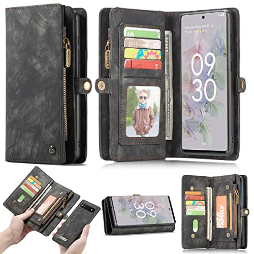 Simicoo Schutzhülle für Samsung Galaxy S25 Edge, Leder, abnehmbare Brieftasche, Reißverschluss, mit 11 Kartenfächern, magnetisch, mit Griff, Handschlaufe, Tasche, Handtasche (schwarz) von Simicoo