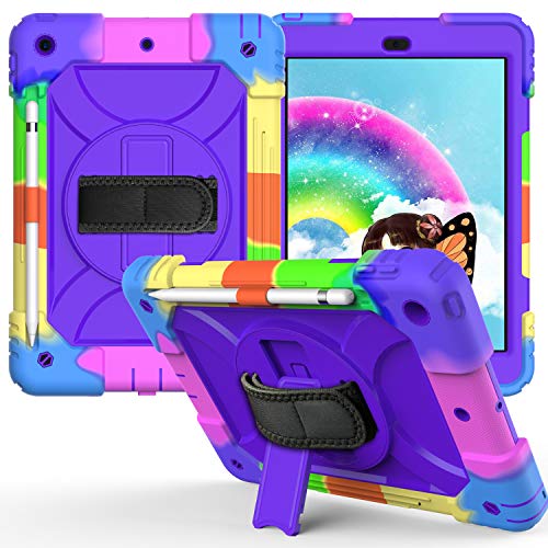 Simicoo iPad 8 Generation Hülle iPad 7 8 10.2 Hülle für Kinder Drehbare Vollabdeckung Dual Layer Silikon Robuste Abdeckung mit Ständer Stifthalter Schultergurt iPad Cover für iPad 7 8 10.2 von Simicoo