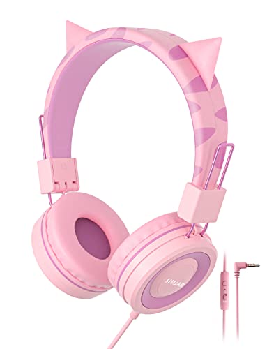 SIMJAR Katzenohr-Kinder-Kopfhörer mit Mikrofon für die Schule, Lautstärkeregler 85/94 dB, kabelgebundene Mädchen-Kopfhörer mit faltbarem Design für Online-Lernen/Reisen/Tablet/iPad (Rosa) von Simjar