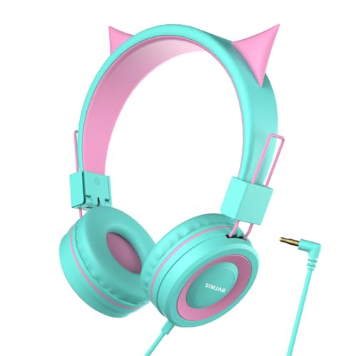 Simjar Cat Ear Kinder Kopfhörer für Schule, Wired Girls Faltbare Kopfhörer mit verstellbarem Kopfband, 3,5 mm Klinke für Online-Lernen/Reisen/Tablet/iPad/Computer, Grün von Simjar