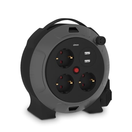 SIMON Verlängerungskabel für den Haushalt, Verlängerungskabel, 5 m, 3 Schuko-Steckdosen + 2 USB-A, Verlängerungskabel, geeignet für den Innenbereich (IP20), ausziehbare Steckdose, Schwarz und Grau von Simon
