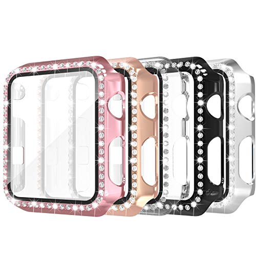 Simpeak 5-Stück Schutzhülle kompatibel mit Apple Watch Series 3 2 1 38mm, Diamant Hülle mit Tempered Glas, Harte Schutz Zubehör für Watch, Glitzer Gehäuse von Simpeak
